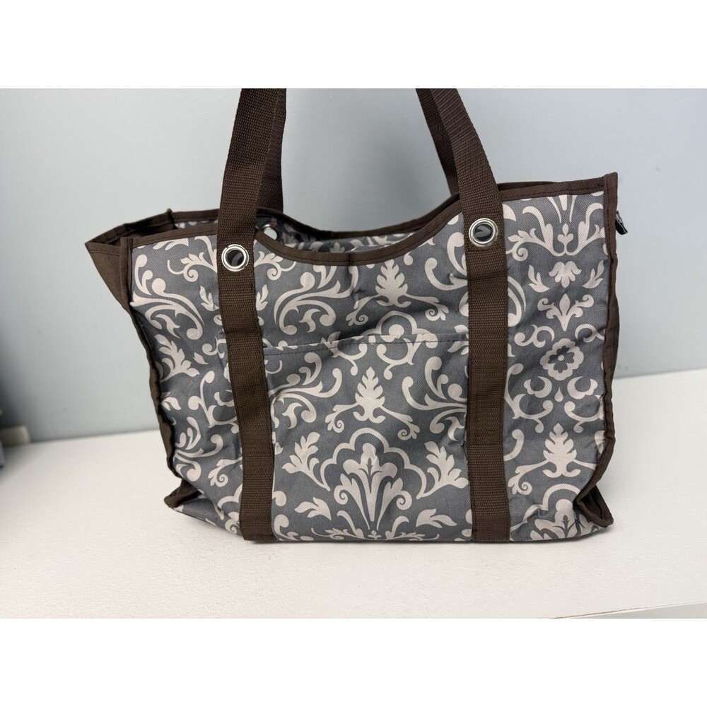 Thirty-One Organizing Utility Tote Damask Grey White Canvas Bag Pocket